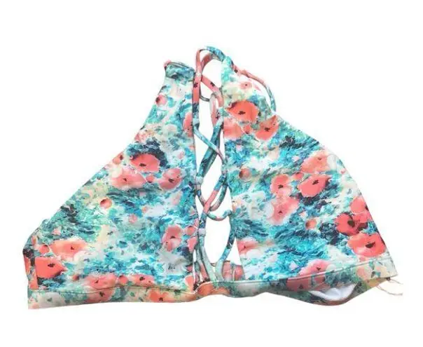 Beach Bunny High Neck Halter Bikini Top Swim Floral Topical Size XL Pink