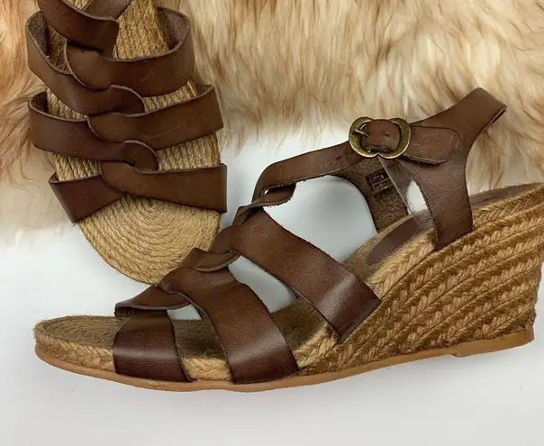 Eric Michael Brown Leather Wedge Espadrille Sandals Hobo Woven