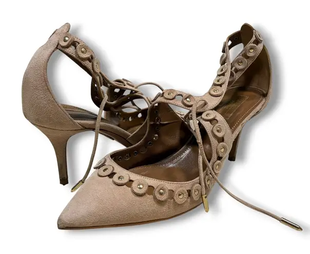 Aquazzura Firenze Suede Leather Pointed Toe Lace Up Pumps Heels 39 (US 9) Tan Size 8