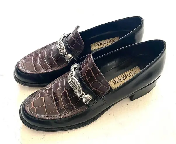 Brighton vintage Dawn blk/chestnut polished calf croc heeled loafers