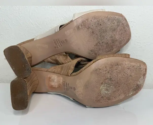 Schutz Wendy Pearl and Beige Leather Color Block High Heel Sandals, Size 9