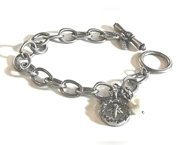 NEW Marlyn Schiff CHARM BRACELET Silver Honey Bee Pearl Facetet Crystal Beads 7”