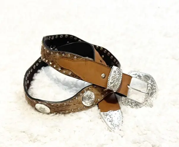 Nocona cow hide leather studded women’s western belt brown tan silver large