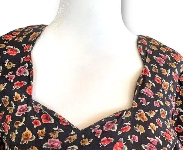 Vintage Rampage Dress Black Dark Floral Detail Sweetheart Neck Puff Sleeve Mini Size XS