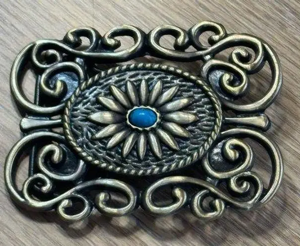 Vintage Gunmetal Pewter Faux Turquoise & Rhinestone Ladies Belt Buckle Gold