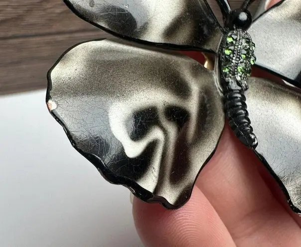 Large Rhinestone Butterfly Insect Enameled Metal Brooch Pin Enamel Black White