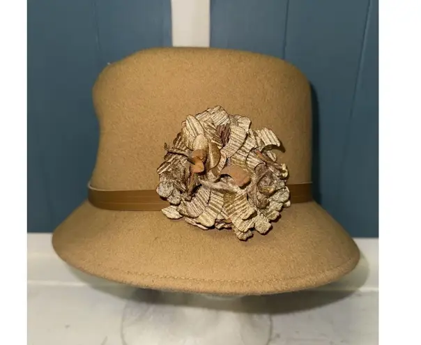 August Silk 100% Wool Tan Cloche Hat With Flower Camel OS