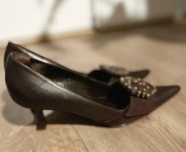 ESCADA Vintage Rare Brown Jeweled Pointed Toe Kitten Heels Size 6.5