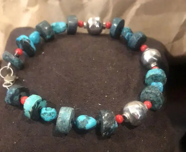 Sterling Silver and TURQUOISE Rustic Bracelet with Lobster a Clasp