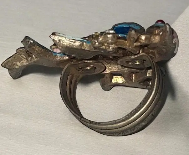 Vintage 50's BIRD RING Size 5 Enamel & Rhinestones Blue Pink
