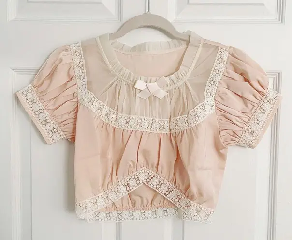 Japanese Kawaii Pastel Peach Pink Lace Ruffle Ribbon Bow Silky Crop Top Blouse Size XS