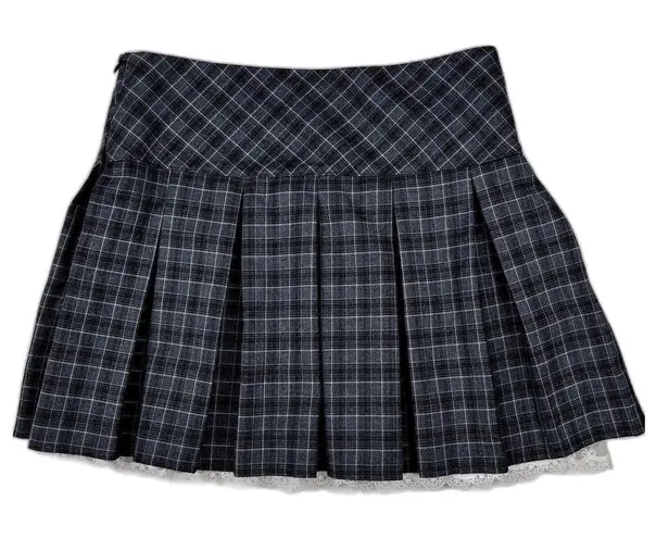 School Girl Preppy Lace Academia Goth Coquette Plaid Mini Skirt XS Black