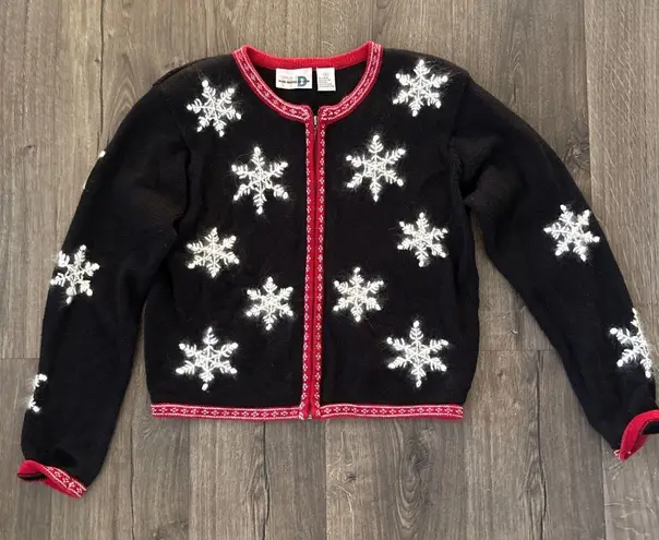 Vintage Paul Harris Design Black Snowflake Zip Up Cardigan Sweater Women Size S