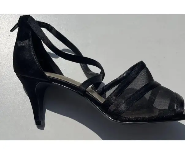 Amelia Grace Shoes Women’s Size 10 Palm Print Fabric Heels Slip On Open Toe Heel Black