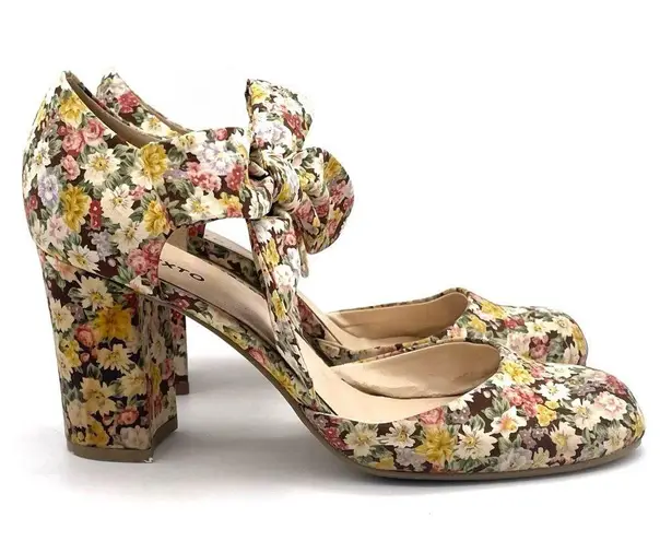 Texto Floral Ankle Bow Tie Retro Block Heel Cottagecore Pumps Size 40 US 9.5 Yellow