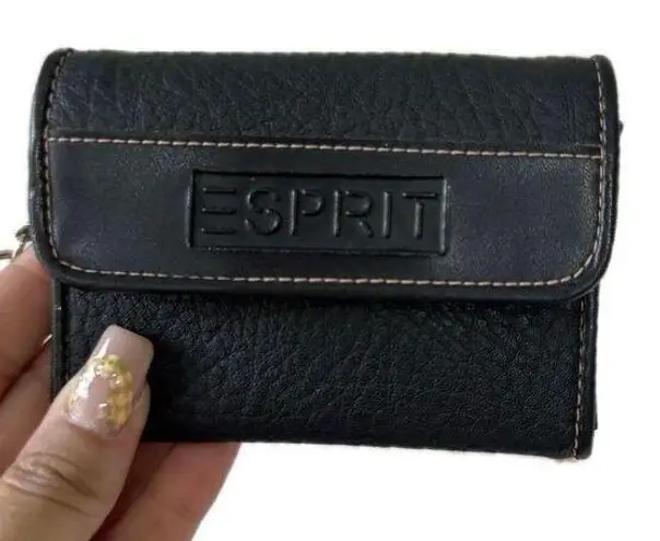 Esprit Vintage Black Faux Textured Leather Mini Zipper ID Pocket Wallet Key Ring - Image 1
