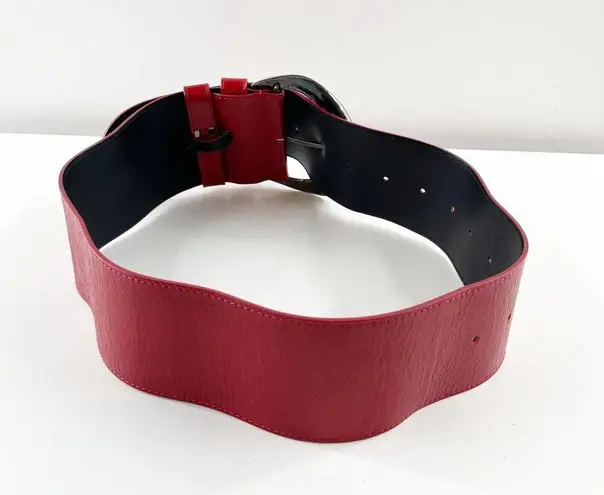 Anne Fontaine Genuine Leather Silver Buckle Adjustable Waist Belt Red