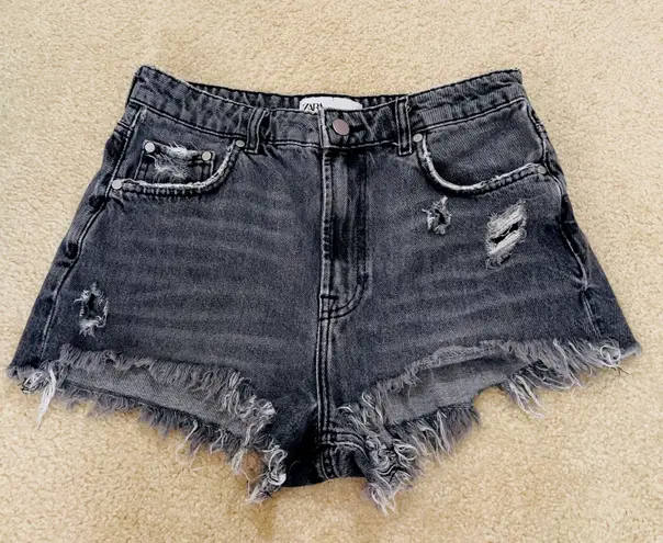 ZARA High Waist Black Ripped Denim Shorts