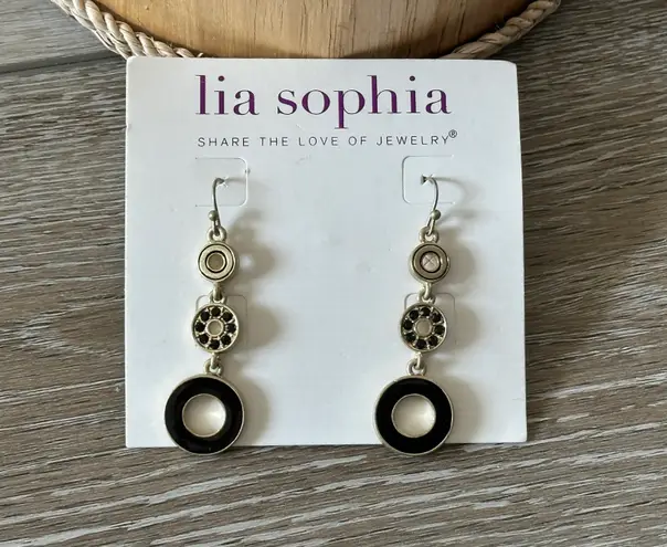 Lia Sophia Dapple Circle Dangle Vintage Earrings Gold Tone W Black Crystals