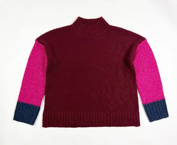 Michael Stars NEW Grete Colorblock Knit Mockneck Pullover Sweater Pink Burgundy