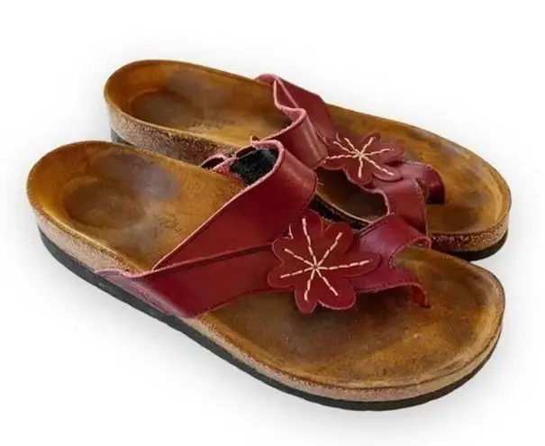 NAOT Dark Red Leather Floral Motif Cork Sandals Women’s Size 12 Summer Slides