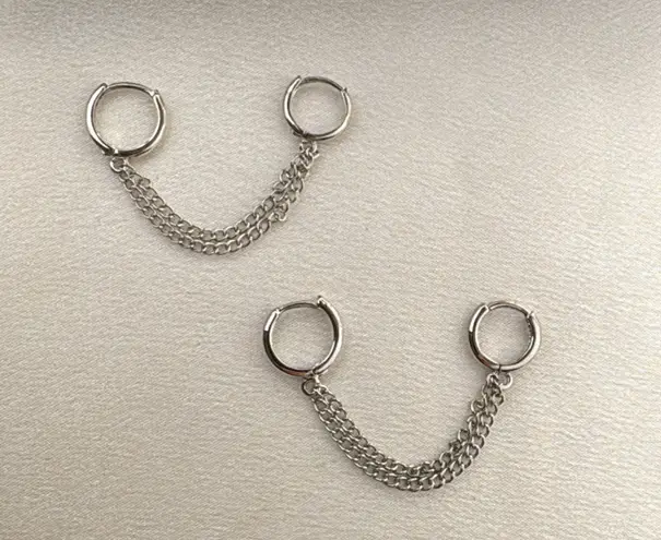 Double Piercing Dangle Chain Earrings for Women Silver