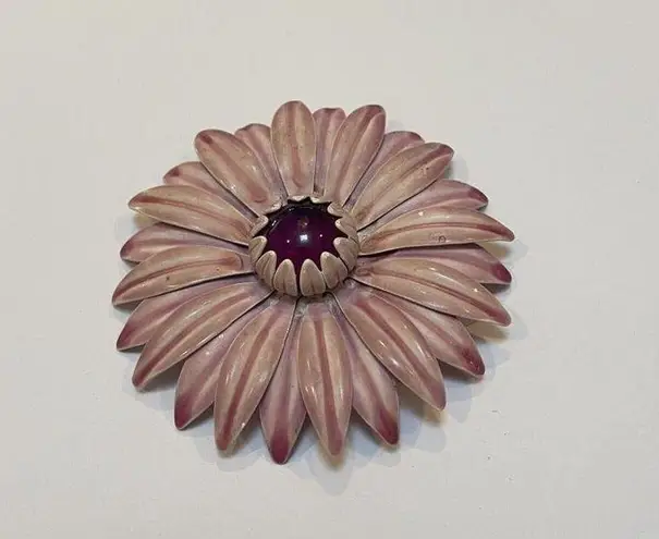 Large Vintage Statement Enameled Metal Flower Brooch Pin Pink Enamel