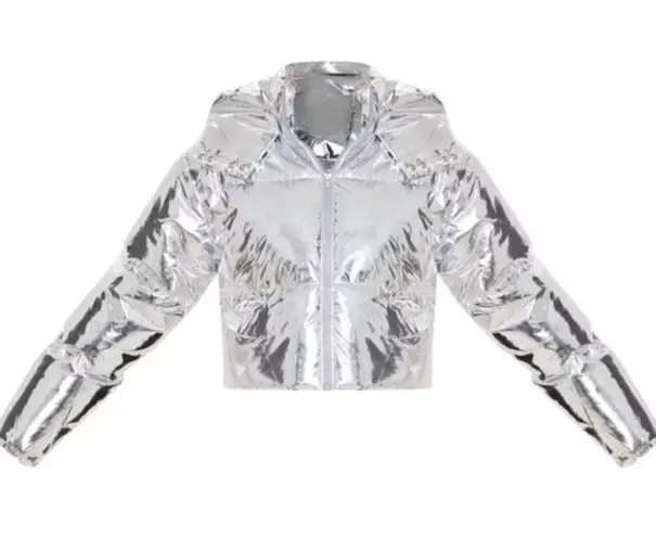 Pretty Little Thing  silver Metallic crop puffer jacket. Size 2