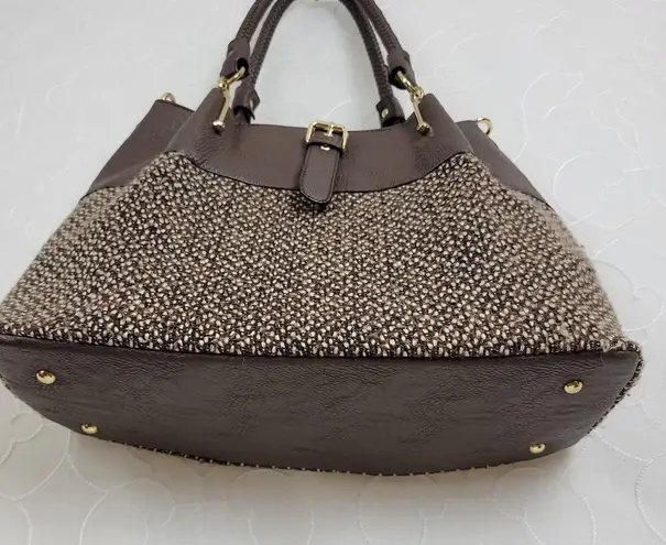 Black Rivet Womens Shoulder Bag Brown Leather Tweed Purse Buckle Strap Handbag