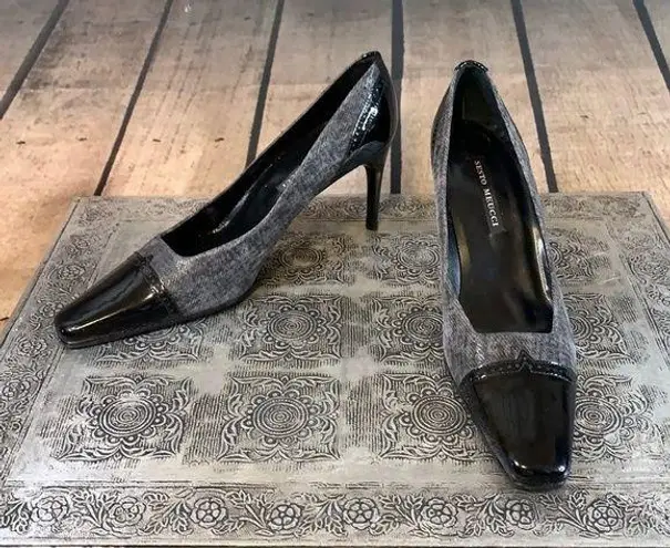 Sesto Meucci  Gray & Black Patent Leather & Shiny Fabric Heels Size 7.5