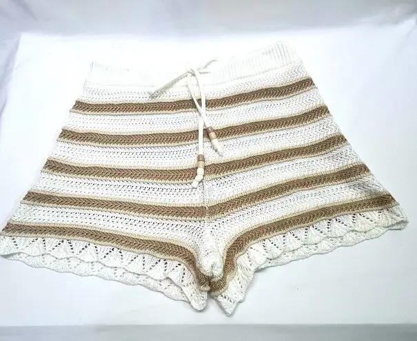 MADDEN NEW YORK CROCHETED STRIPED L SHORTS WITH BEADED DRAWSTRING TIE NEW Tan Size L