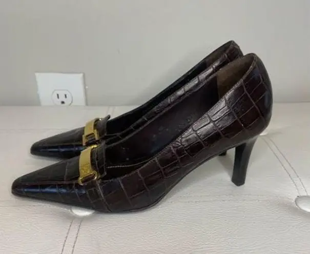 Lauren Ralph Paulette Alligator Croc Safari Brown Heels Sz 6 B Gold Buckle Logo
