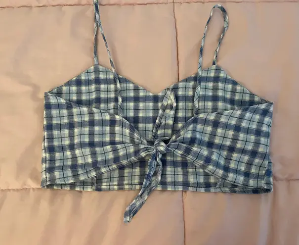 Purrr Melrose Blue White Gingham Spaghetti Straps Crop Top, one size