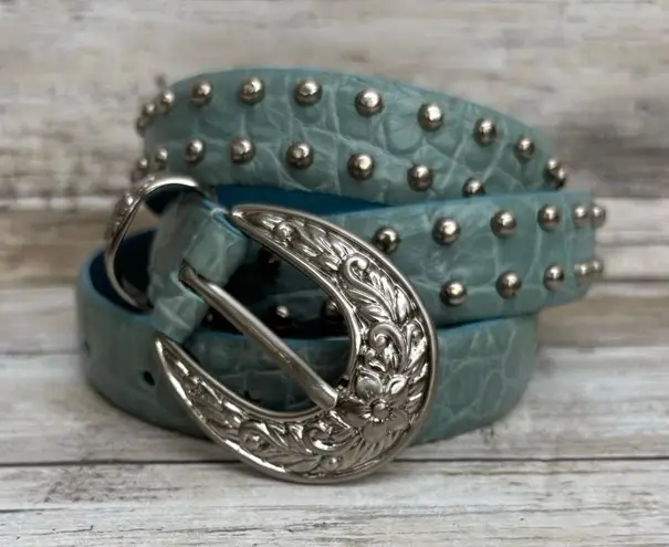 IZOD Leather Belt Sz XL Blue Studded Embossed Western Boho Cowgirl 36”