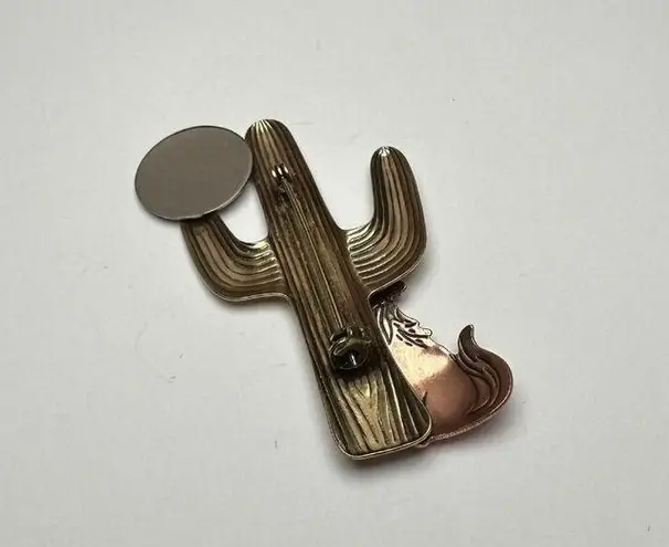 Moon Over Desert Cactus With Howling Coyote Metal Brooch Pin Tri Tone Rustic