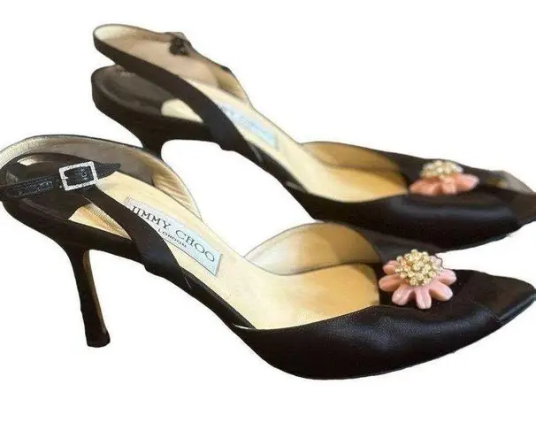 Jimmy Choo Crystal Embellished Open Toe sling Back Satin Shoes BLK EU40 …