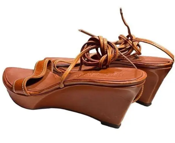 Rare Yves Saint Laurent Camel Leather Open Toe Wedge Sandals Strappy Women 41 Brown Size 10