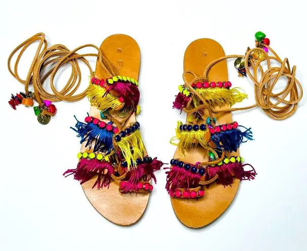 Elina Linardaki Greek Lace Up Gladiator Beaded Fringe Flat Sandal Shoe Size 10 Pink
