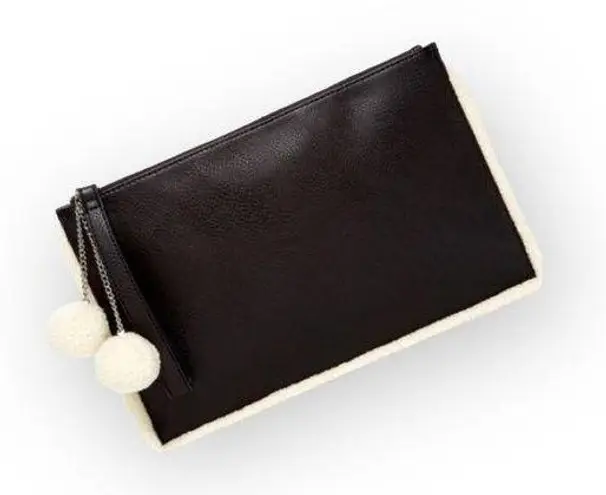 Carlos Santana new 𒀭Vegan Leather Faux Fur Pom Pom Clutch Handbag Bag 𒀭Black