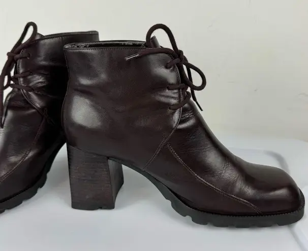 Vtg Y2K Chunky Heel Leather Square Toe Lace Up Ankle Boots Sz 7.5 Brown Wine