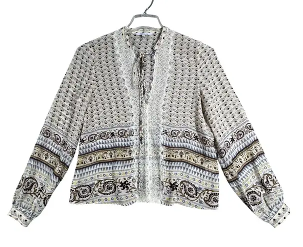 Lucy Paris Blouse Bohemian Lace Trim Long Sleeve Top Geometric Print Medium