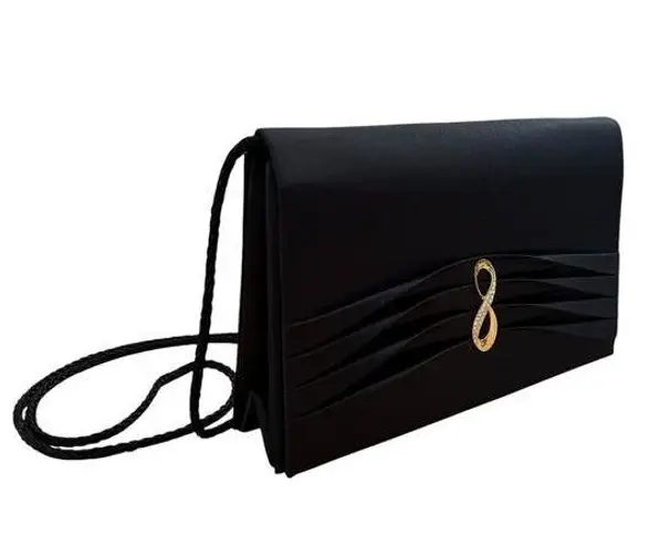 Vintage 60s Black Satin Pleated Purse Clutch Gold Tone Rhinestone Infinity Clasp