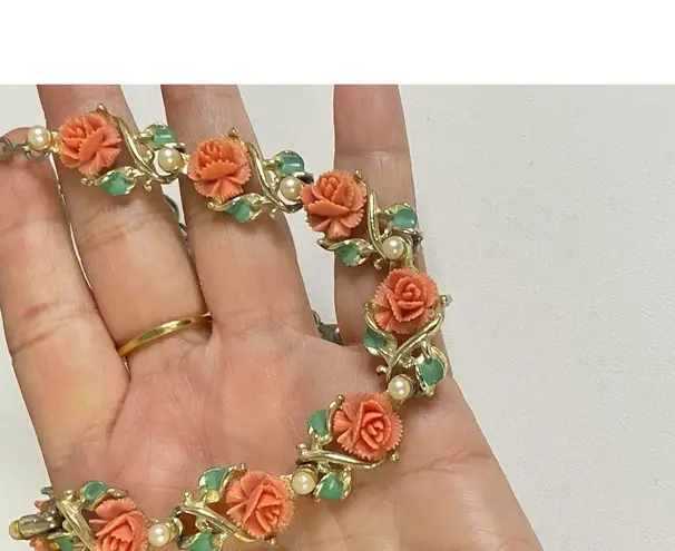 Vintage Celluloid Pink Lucite Rose Flower Gold Choker Coquette Necklace Pearls