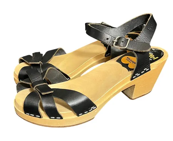 Swedish Hasbeens Toffel Black Leather Wood Clog Sandals Peep Toe Open Women 38 Size 8