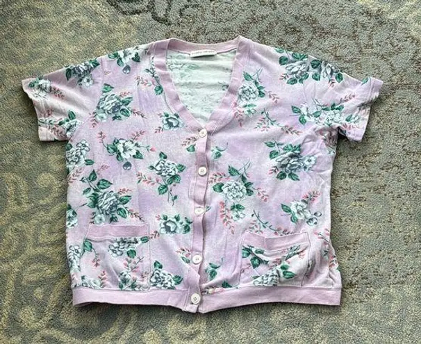 Cathy Daniels Short Sleeve Button Down Floral Cardigan Purple Medium