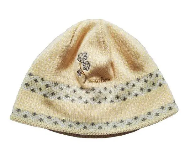 Swix Yellow Ski Crosscountry Winter Beanie Hat Women OS Floral Fleece Lined EUC