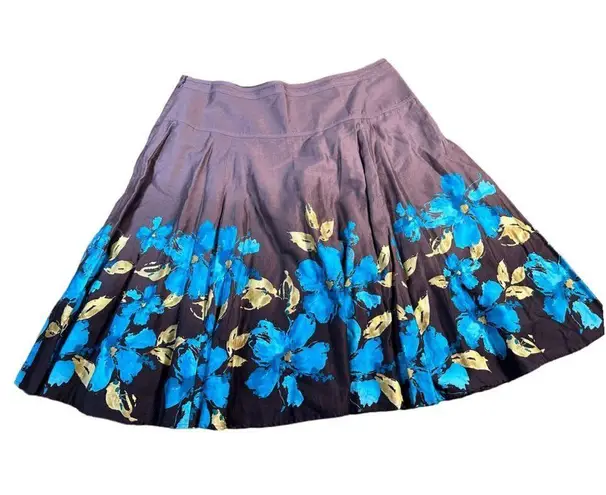 Jones Wear Floral A-Line Skirt with Vibrant Blue Flowers and Gold Leaves Size 18
