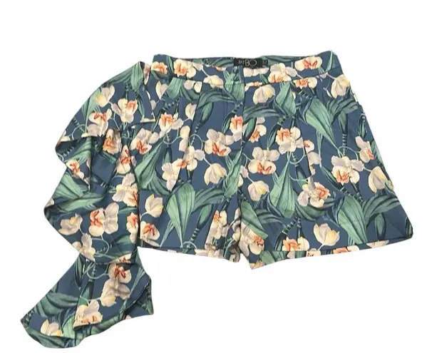 PATBO FLORAL BLUE GREEN TROPICAL RUFFLE SIDE HIGH RISE WAIST SHORTS 6