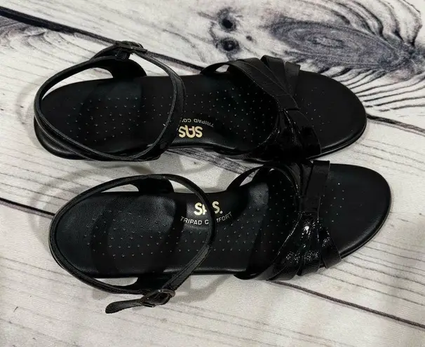 SAS Strippy Low Wedge Black Sandals Women's 9.5 M Tripad Leather Comfort Strappy