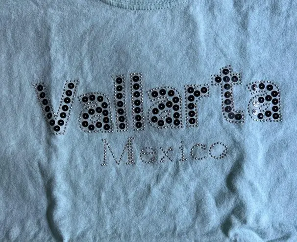 Baby Blue Bedazzled Vallarta Mexico shirt Size XL